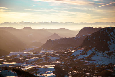 Scenic view of mountains against sky during sunset