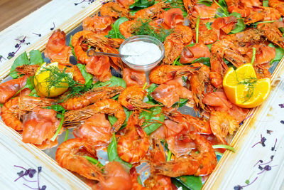 High angle view of food served on table