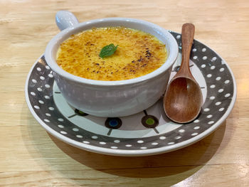 High angle view of soup in bowl on table