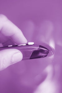 Close-up of hand holding purple flower