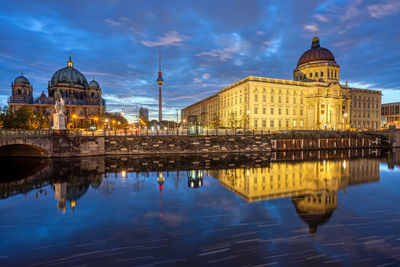 The reconstructed city palace, the cathedral and the tv tower in berlin at dawn