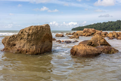 Rocks on beach against sky