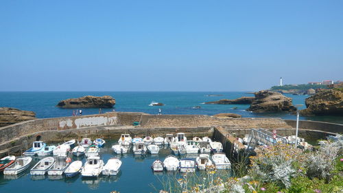 Scenic view of sea against clear blue sky