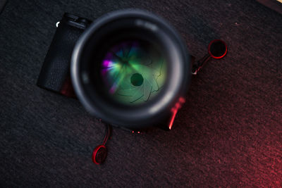 High angle view of camera on table