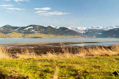 Einsiedeln areacanton schwyz, switzerland, february 20, 2023 fascinating view along the lake sihlsee 