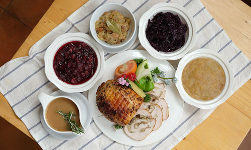 High angle view of food served on table