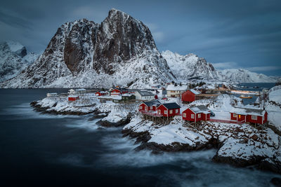 Scenic view of snowcapped mountains against sky during winter