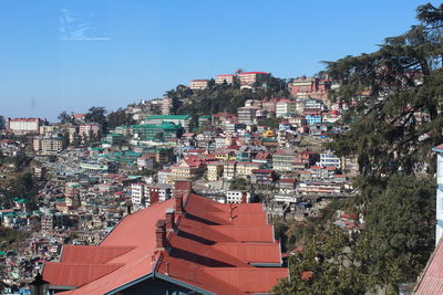 Buildings in city against clear sky