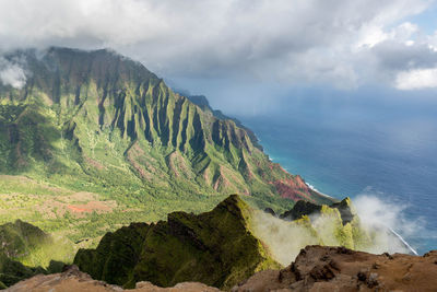 Panoramic view of sea and mountains against sky