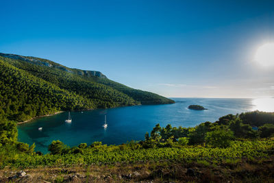 Scenic view of sea against clear blue sky