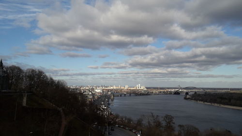 High angle view of river and buildings against sky