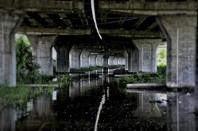 Underneath view of bridge with water and concrete columns 