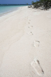 High angle view of footprints on sand at beach