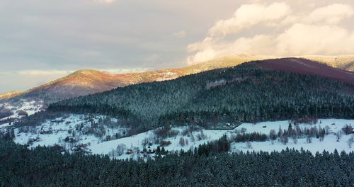 Scenic view of snowcapped mountains against sky during sunset