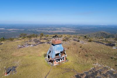 High angle view of land against sky