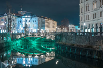 High angle view of illuminated buildings at night