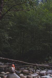 Woman sitting on rock in forest