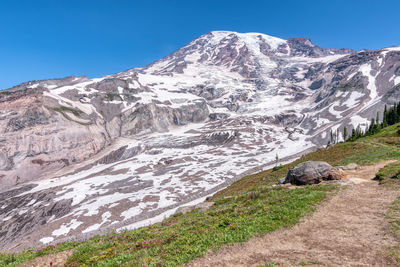 Scenic view of snowcapped mountains against clear blue sky