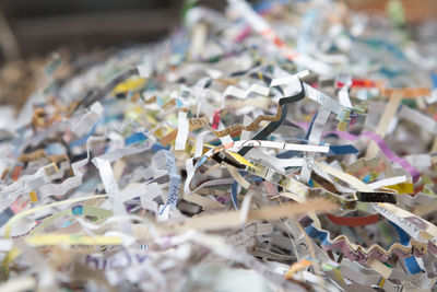 Selective focus pile of recycled paper scraps for global warming concept
