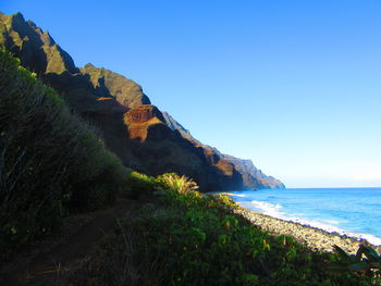 Scenic view of sea and mountains against clear blue sky