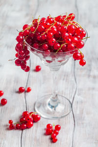 Close-up of red berries on glass table