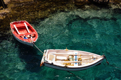 High angle view of ship moored on shore