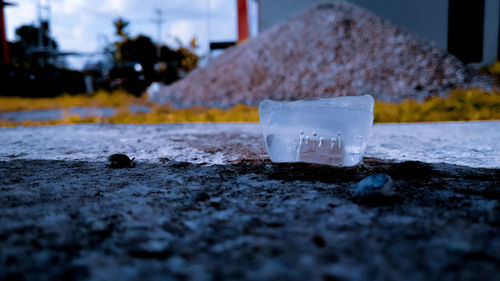 Close-up of ice on retaining wall