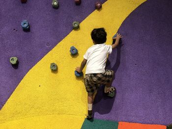 Rear view of boy climbing on wall