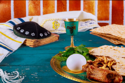 High angle view of food served on table