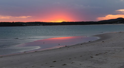 Scenic view of beach against sky during sunset