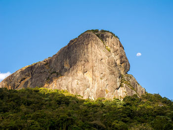 Low angle view of rock formation against clear blue sky