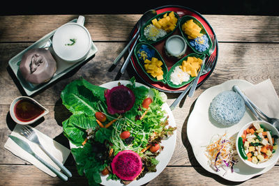 High angle view of food served on table