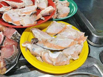 High angle view of fish in plate on table