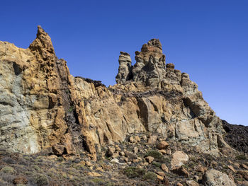 Rock strata at roques de garcia ,teide national park , tenerife, spain, with a clear blue sky