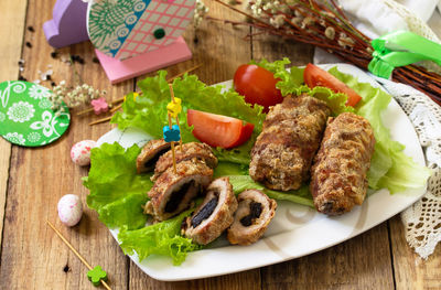 High angle view of food in plate on table