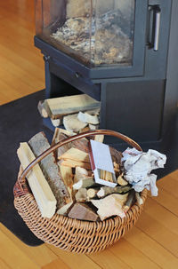 High angle view of bread in basket on table