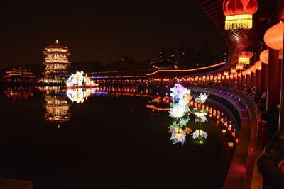 Illuminated fountain at night