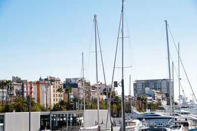 Sailboats moored in harbor against buildings in city