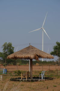 Windmill on field against clear sky