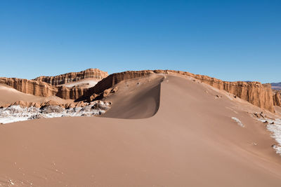 Scenic view of desert against clear blue sky