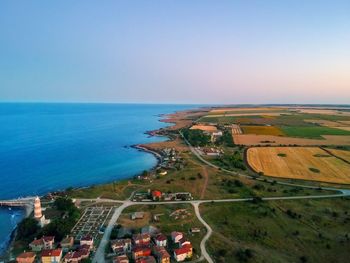 High angle view of sea against clear sky