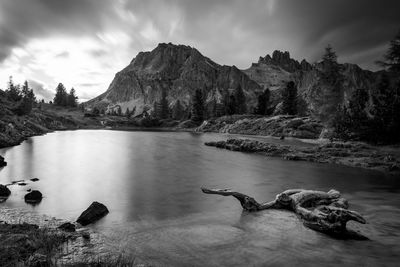 Scenic view of lake and mountains against sky