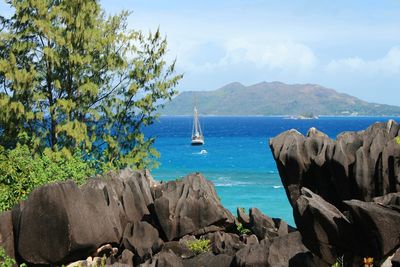 Scenic view of rocks by sea against sky