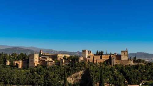 Panoramic view of buildings against blue sky