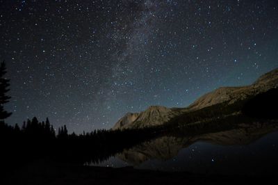 Scenic view of mountains against sky at night