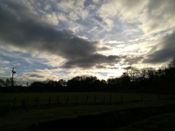 Silhouette trees on field against sky at sunset