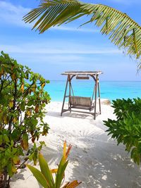 Chairs and palm tree on beach against sky