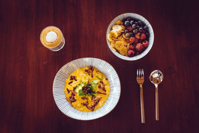 Directly above shot of breakfast served on table