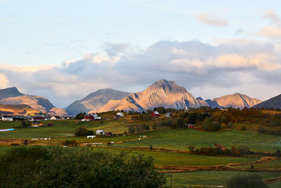 Scenic view of landscape and mountains against sky on lofoten islands