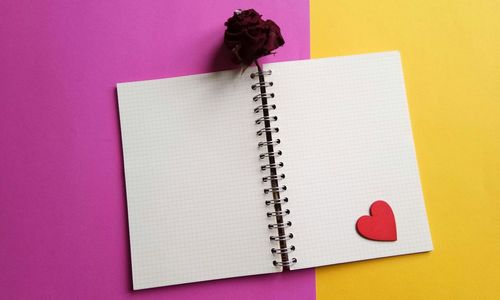 Directly above shot of open spiral notebook with dried rose and heart shape on colored background